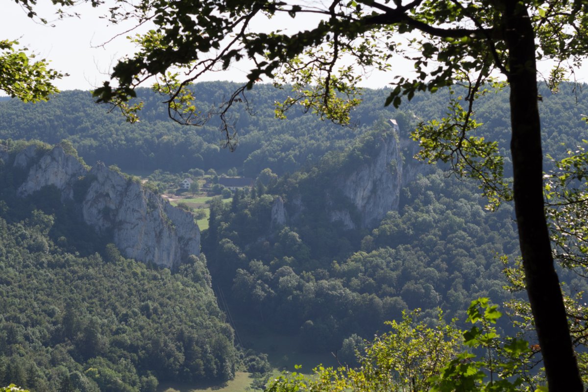 Aussicht kurz vor dem Kopfmacherfelsen Wanderung im Oberen Donautal: Route: Start am Kloster Beuron - Knopfmacherfels - Jägerhaus (im Donautal) - Ziegelhütte (im Donautal) - Leibfelsen - Stiegelesfelsen - Knopfmacherfels - Kloster Beuron