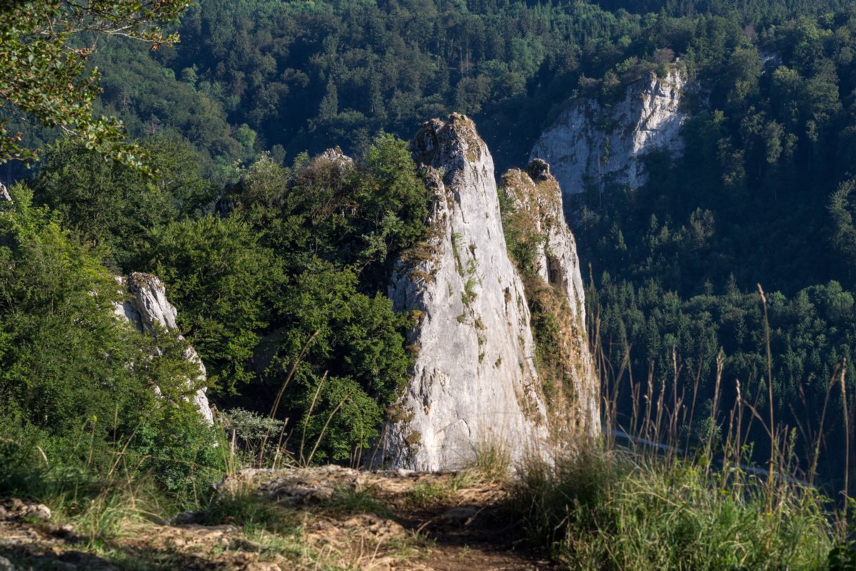 Aussicht Stiegelesfelsen Wanderung im Oberen Donautal: Route: Start am Kloster Beuron - Knopfmacherfels - Jägerhaus (im Donautal) - Ziegelhütte (im Donautal) - Leibfelsen - Stiegelesfelsen - Knopfmacherfels - Kloster Beuron