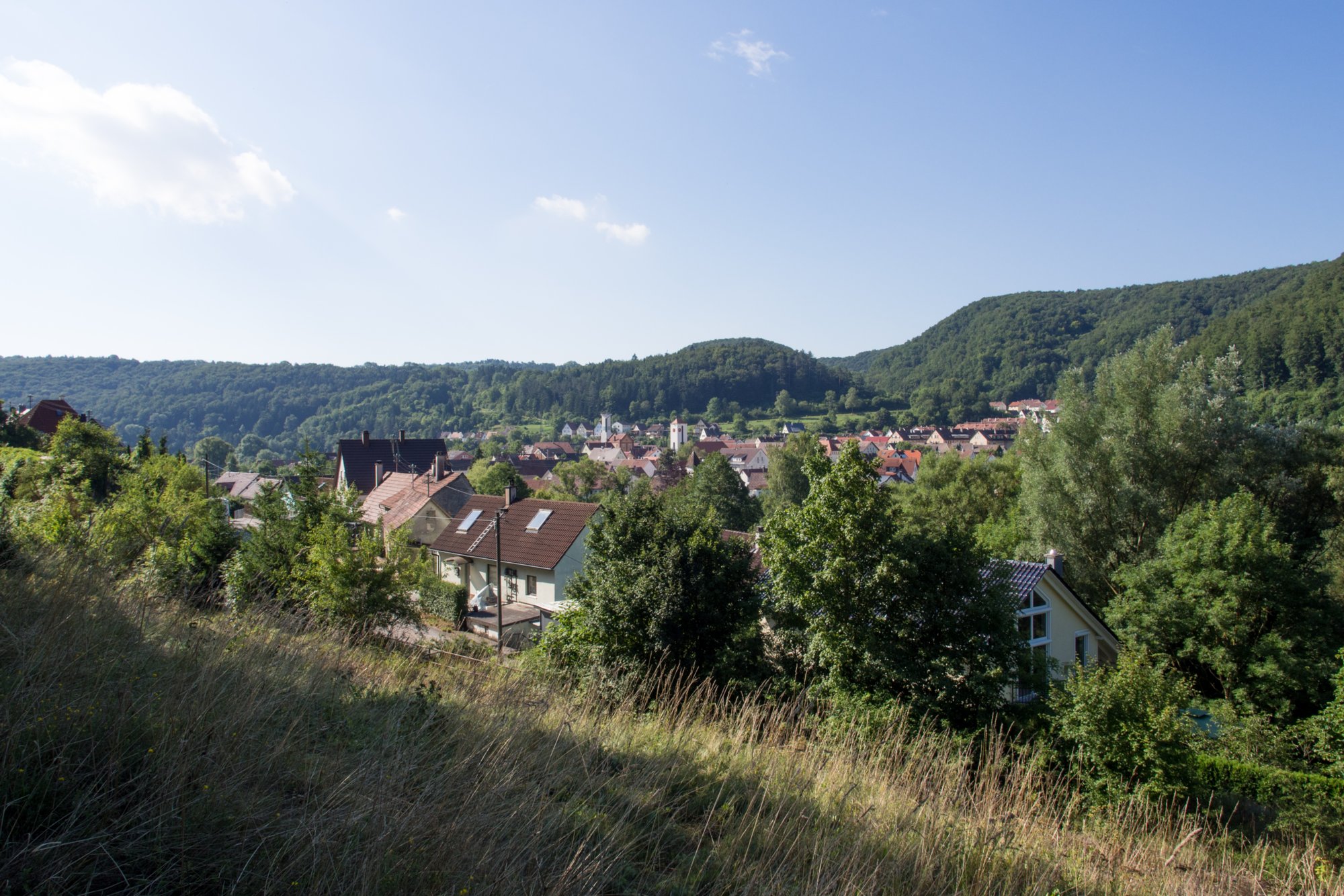 Aufstieg zum Rusenschloss. Blick nach Gerhausen. Wanderung von Blaubeuren Bahnhof zum Rusenschloss. Von dort über den Knoblauchfelsen zum Blaufelsen. Hinunter zur B28. Diese überquerend Aufstieg auf Teerweg bis zur Steigziegelhütte, da Abzweig nach links zum Landeplatz Seißen nicht gefunden. Entlang am Waldrand zur Wegmarkierung. Dieser folgend zur Günzelburg. Von dort zum Felsenlabyrinth und zur Küssenden Sau. Abstiefg zum Bahnhof. Mit dem Auto zum Blautopf.