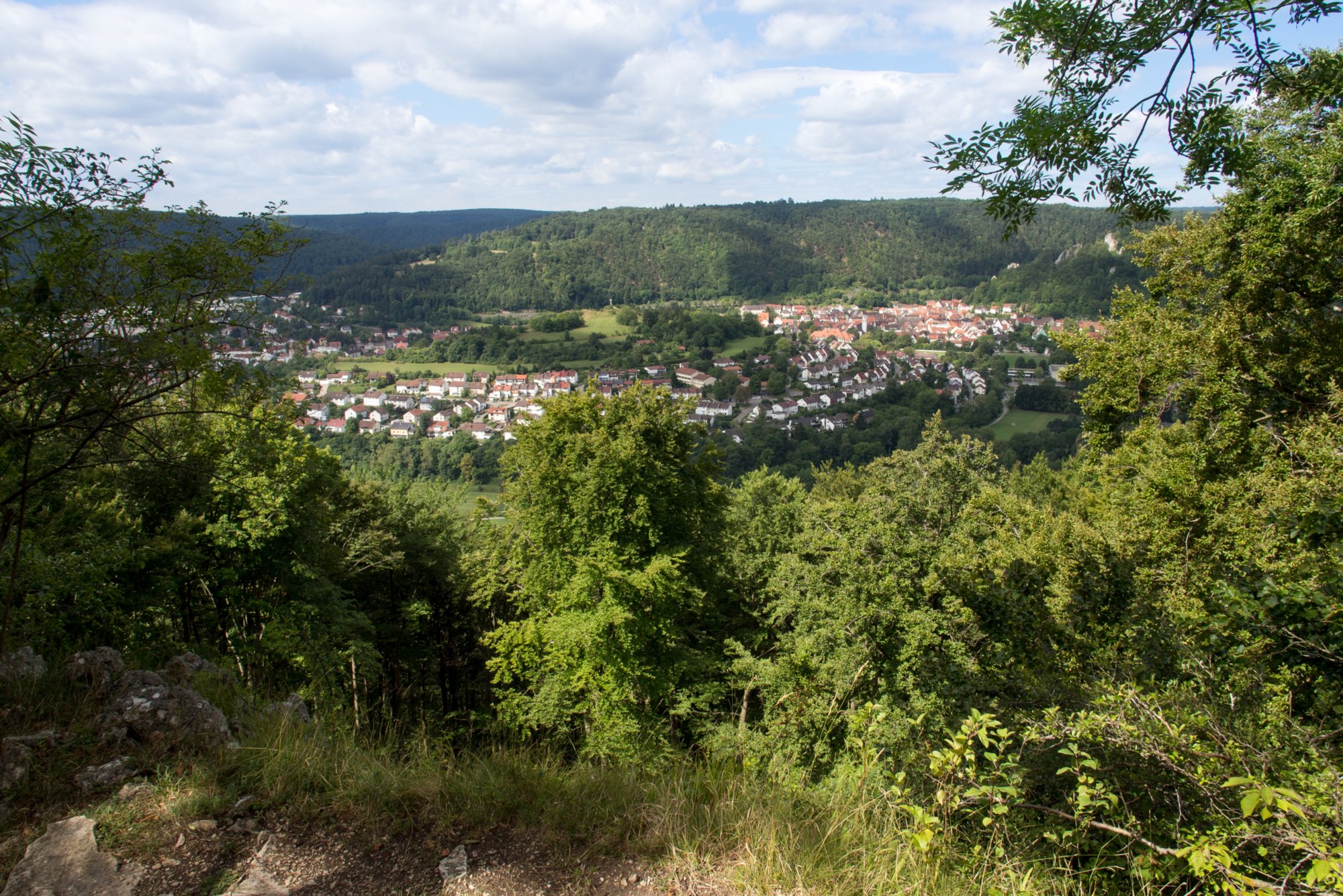 Am Knoblauchfelsen. Blick nach Blaubeuren. Wanderung von Blaubeuren Bahnhof zum Rusenschloss. Von dort über den Knoblauchfelsen zum Blaufelsen. Hinunter zur B28. Diese überquerend Aufstieg auf Teerweg bis zur Steigziegelhütte, da Abzweig nach links zum Landeplatz Seißen nicht gefunden. Entlang am Waldrand zur Wegmarkierung. Dieser folgend zur Günzelburg. Von dort zum Felsenlabyrinth und zur Küssenden Sau. Abstiefg zum Bahnhof. Mit dem Auto zum Blautopf.