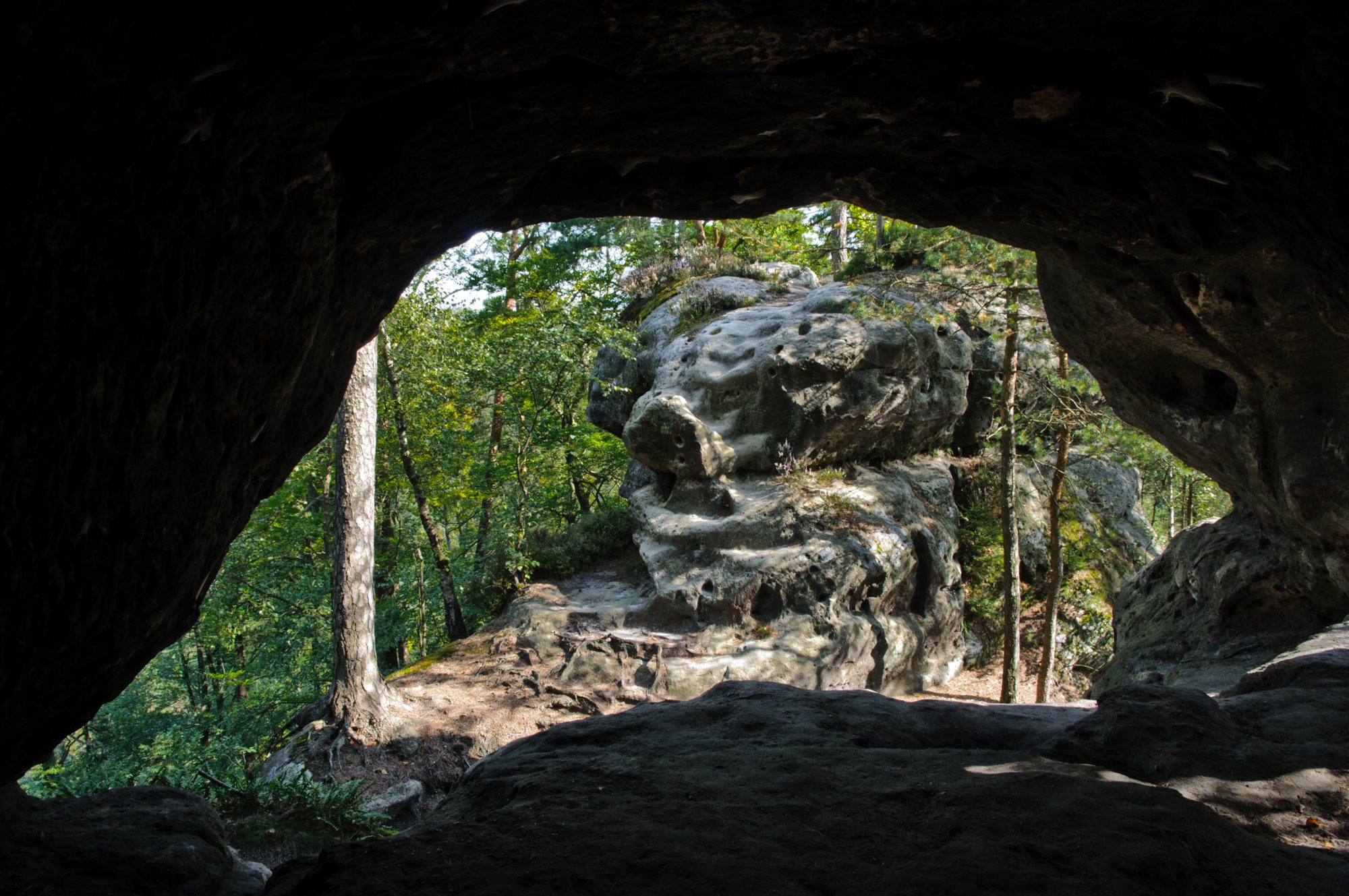 Sächsische Schweiz 2009 Wanderung auf die Felsenburg Arnstein und zum Kleinstein: Parkplatz an Sturmbauers Eck - Arnstein - Tägers Wonne - Kleinsteinaussichten - Kleinsteinhöhle - Parkplatz an Sturmbauers Eck. Die Arnsteinhöhle ist künstlich erweitert und ungefähr 5 m tief. Durch fensterähnliche Öffnungen fällt Licht herein.