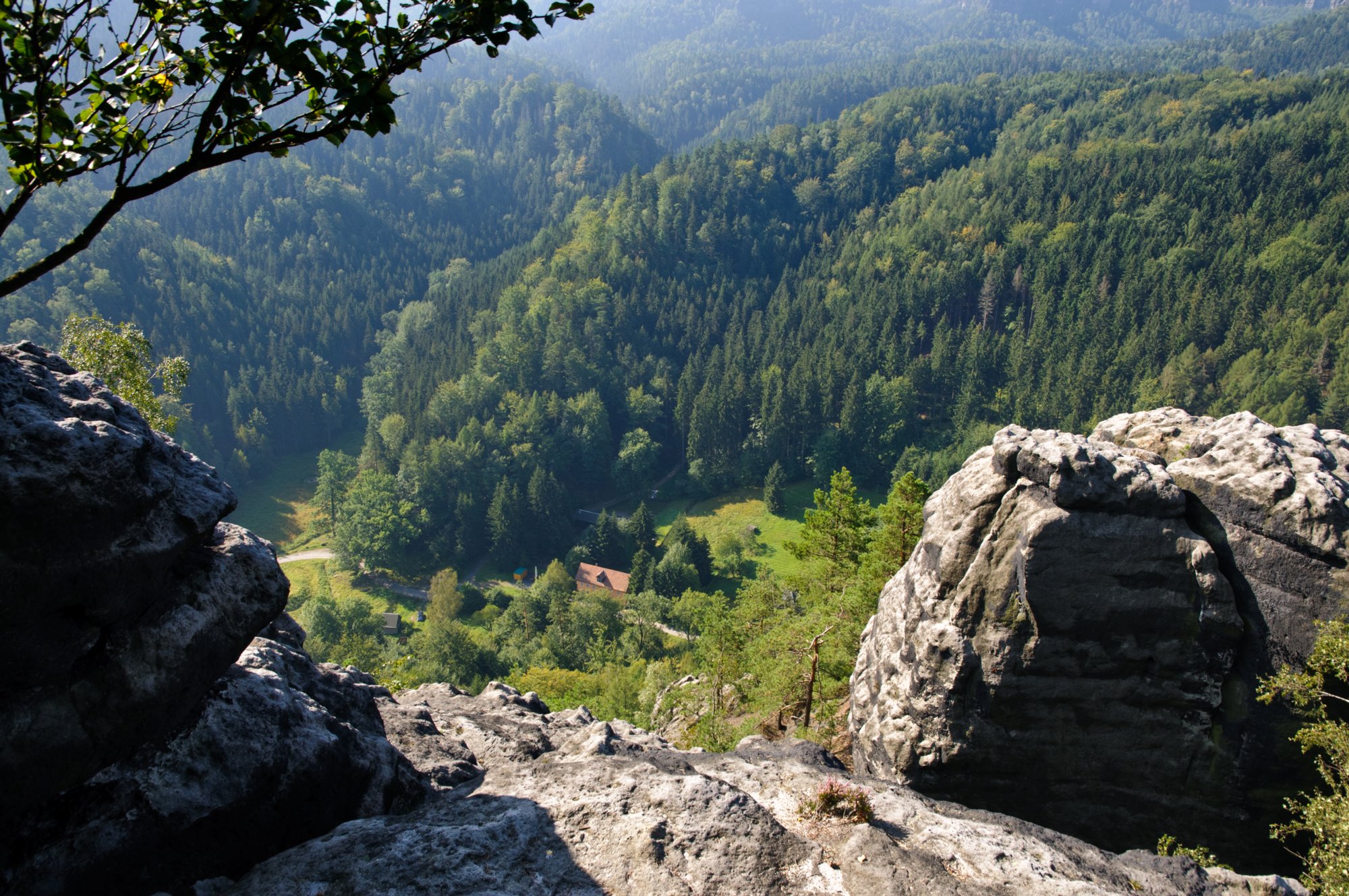 Teichsteinwanderung Auf alten Wanderwegen zum Teichstein: Buschmühle - Buschmüllers Räumicht - Neustelliger Hübel - Teichstein - Bärenfang - Zeuhaus - Buschmühle. Blick in den Großen Zschand. Unterhalb des Gipfels befindet sich das Zeughaus.