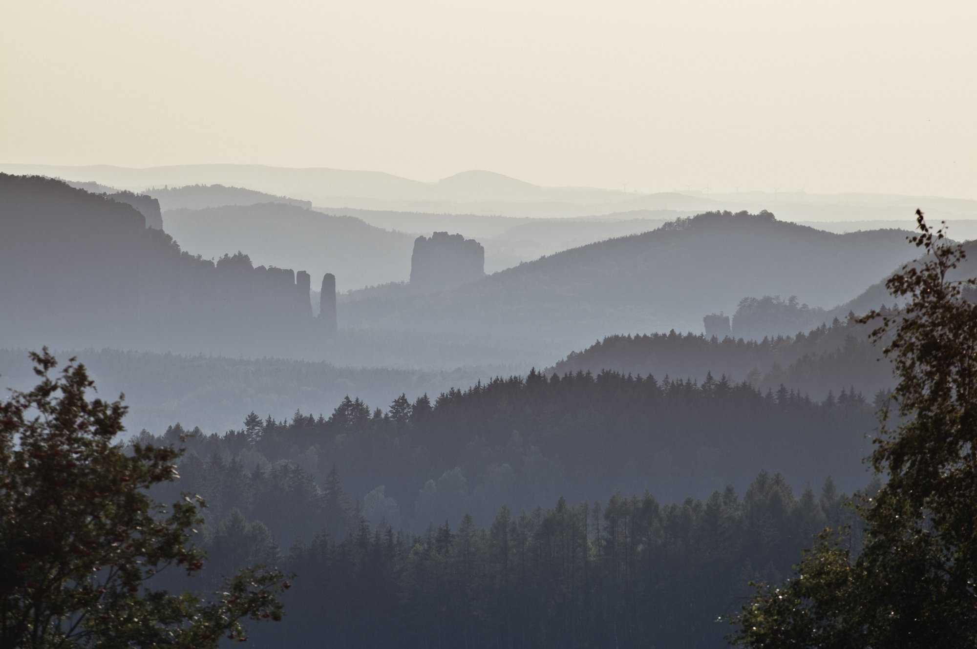 Weifbergturm Weg zum Weifbergturm. Blick ins Kirnitztal zum Bloßstock, Falkenstein und Kuhstall. Dahinter sieht man noch links etwas von den Schrammsteinen und den Pfaffenstein mit dem Turm.